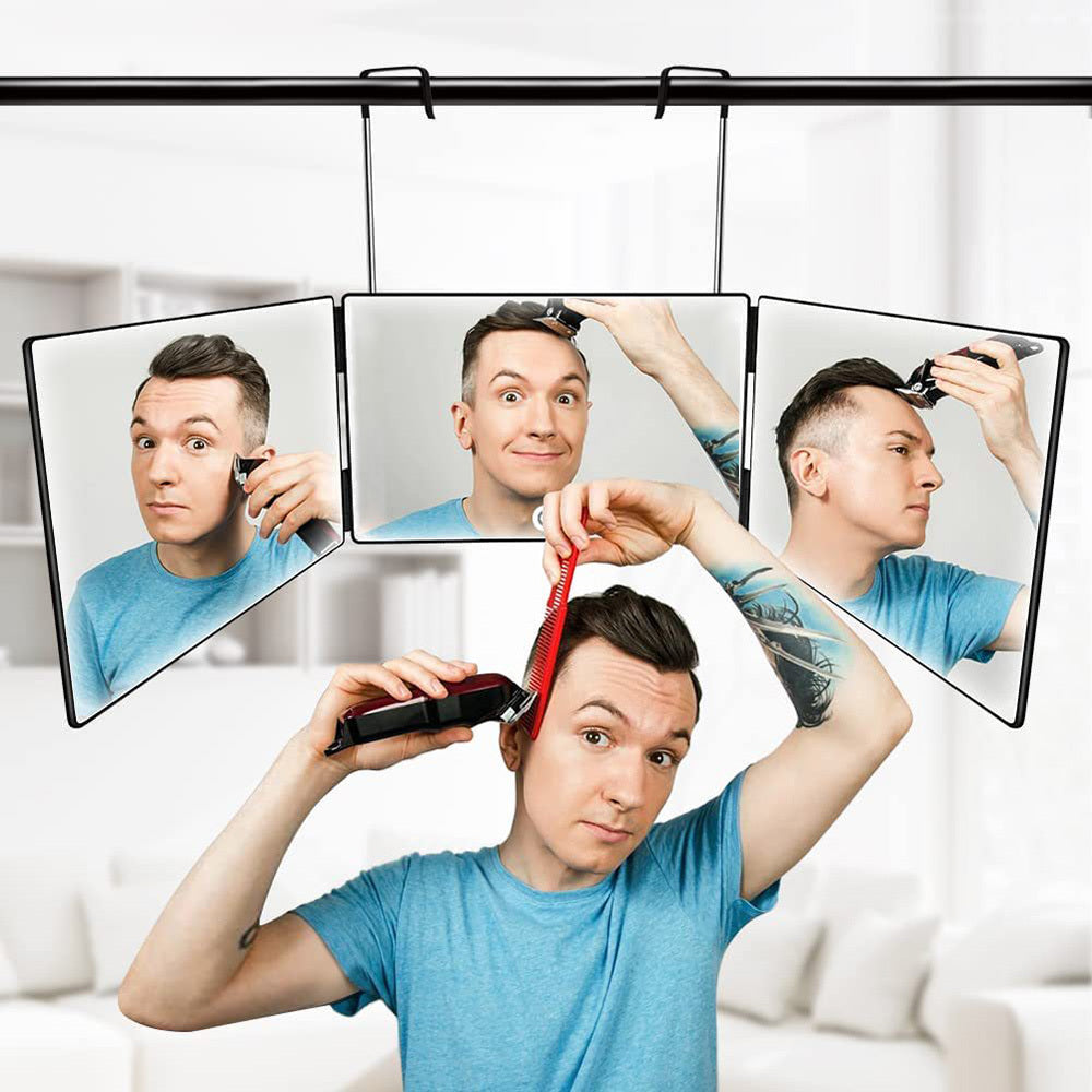 Multi-Functional Tri-Fold Makeup Mirror, Foldable Barbering Tri-Angle Mirror - Height-Adjustable, Hook-Mounted, Foldable, Wall-Mounted, Suitable for Self-Haircutting, Shaving, Grooming, Facial Treatments and Makeup Application