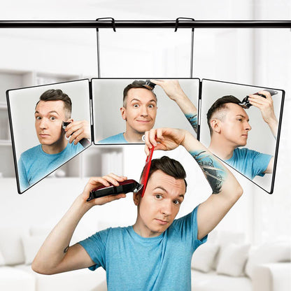 Multi-Functional Tri-Fold Makeup Mirror, Foldable Barbering Tri-Angle Mirror - Height-Adjustable, Hook-Mounted, Foldable, Wall-Mounted, Suitable for Self-Haircutting, Shaving, Grooming, Facial Treatments and Makeup Application