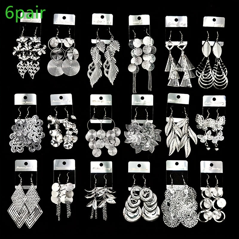 [Women's Jewelry Set] 6/12 Pairs/Bag Women's Jewelry Set - Retro Fashion Elegant Hollow Out Multi-Layer Pendant Earrings - Butterfly Leaf Geometric Shape Exaggerated Bold Design - Suitable for Parties And Casual Parties Gifts - Mixed Layered Hanging Women