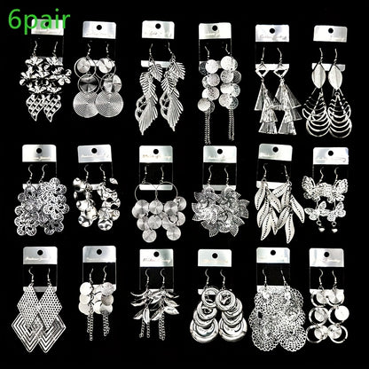 [Women's Jewelry Set] 6/12 Pairs/Bag Women's Jewelry Set - Retro Fashion Elegant Hollow Out Multi-Layer Pendant Earrings - Butterfly Leaf Geometric Shape Exaggerated Bold Design - Suitable for Parties And Casual Parties Gifts - Mixed Layered Hanging Women