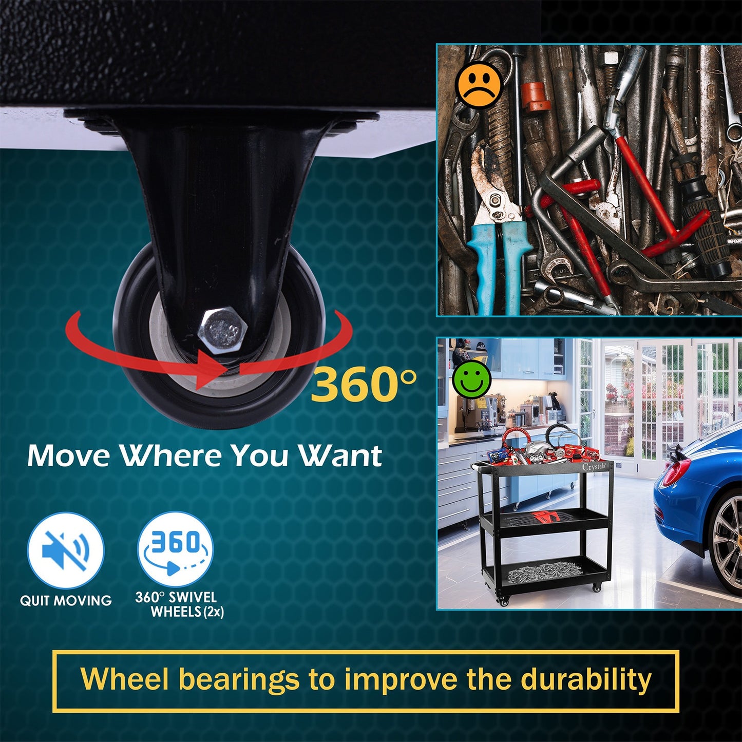 3 Tier Shelf Tool Trolley Cart ool Storage Trolley Bearing Wheel Heavy Duty Garage DIY Storage Trolley for Transport Tools Workshop