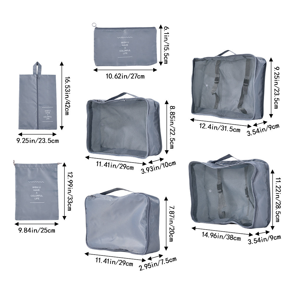 Packing Cubes Set of 7 for Suitcase – Travel Organiser Bags for Clothes, Shoes, Toiletries & Accessories, Oxford Fabric Luggage Sorting Pouches for Holiday & Business Travel in Grey, Pink, Blue & Beige