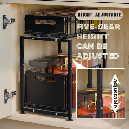 1pc 2-Tier Durable Plastic/Metal Pull-Out Storage Rack | Under Sink Organizer for Kitchen, Bathroom And Pantry - Suction Cup Mount, Sturdy Wire Construction, Kitchen Organizers And Storage for Spices, Snacks, Household Items