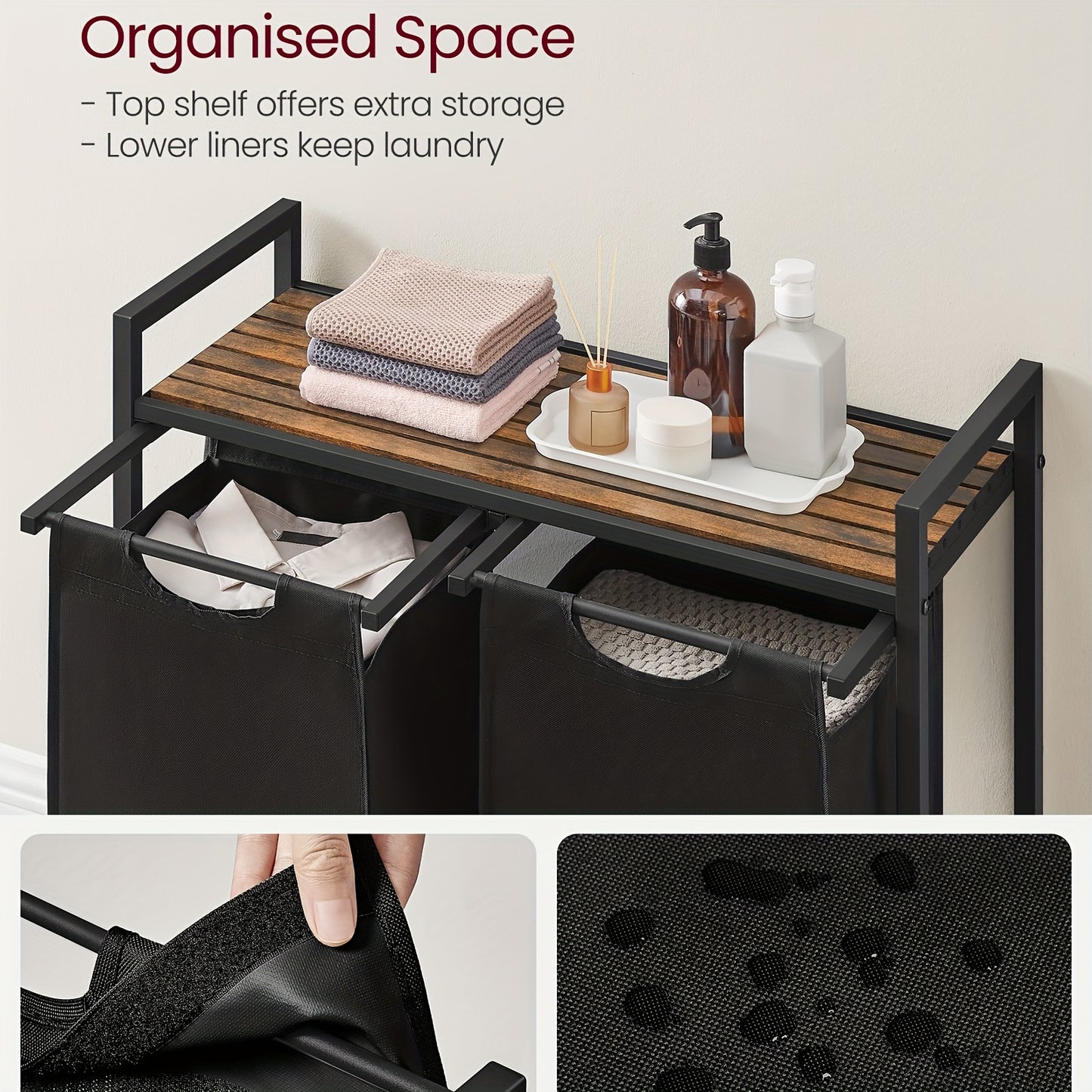 Dirty Laundry Basket, 2 Compartments, Bin, with 2 Removable Oxford Cloth Bags, Metal Frame, 2 X 46 Litres, 73 X 33 X 72cm, Laundry Baskets