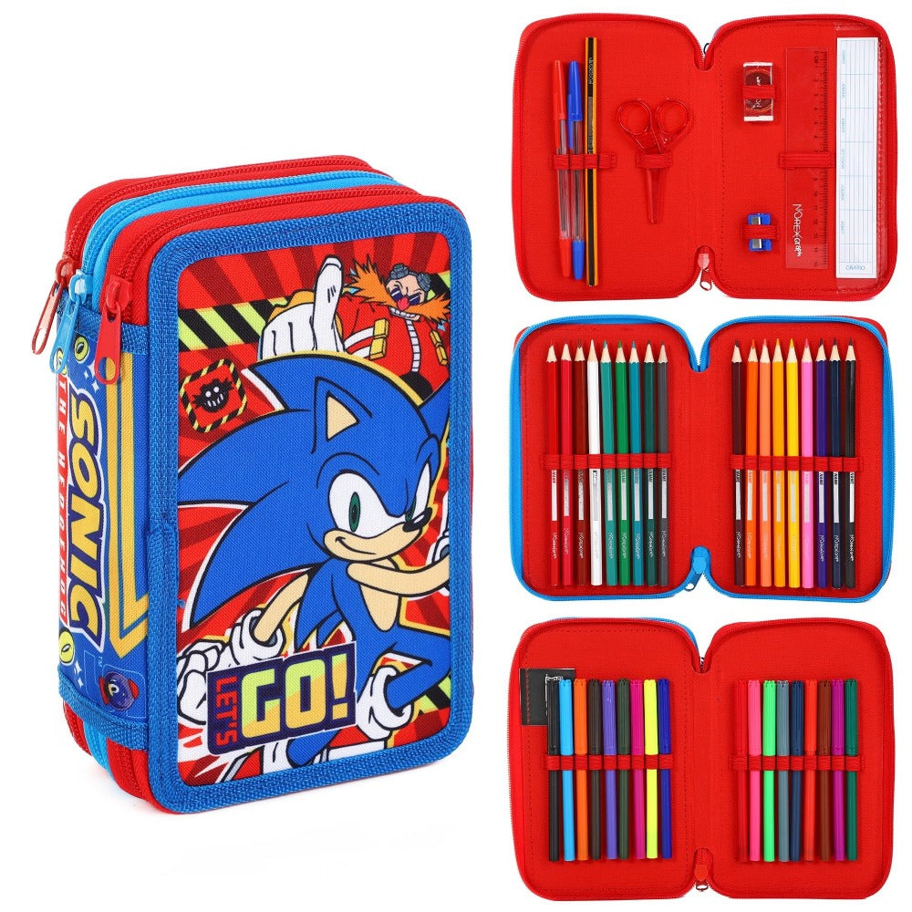 Sonic the Hedgehog Filled Pencil Case 3-Tier Stationery Set for Kids with Pens Pencils Markers Ruler Eraser Scissors School Supplies Boys Gift