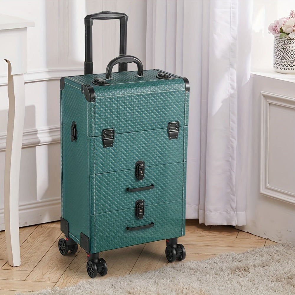 Large 3-in-1 Makeup Trolley Case – Professional Hairdressing Vanity Beauty Box with Wheels, PU Aluminium Frame Cosmetic Storage, 37x25x56cm, Rose Gold & Black