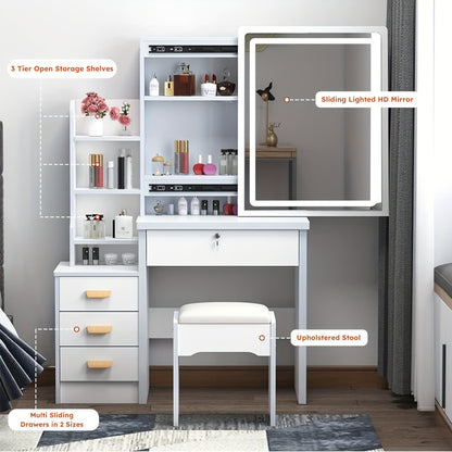 Dressing Table, Vanity Desk with Mirror, Makeup Desk, Modern Makeup Table with Mirror And Chair, LED Lights with Adjustable Brightness, 4 Drawers, 6 Hidden Shelves, for Bedroom, White/Black