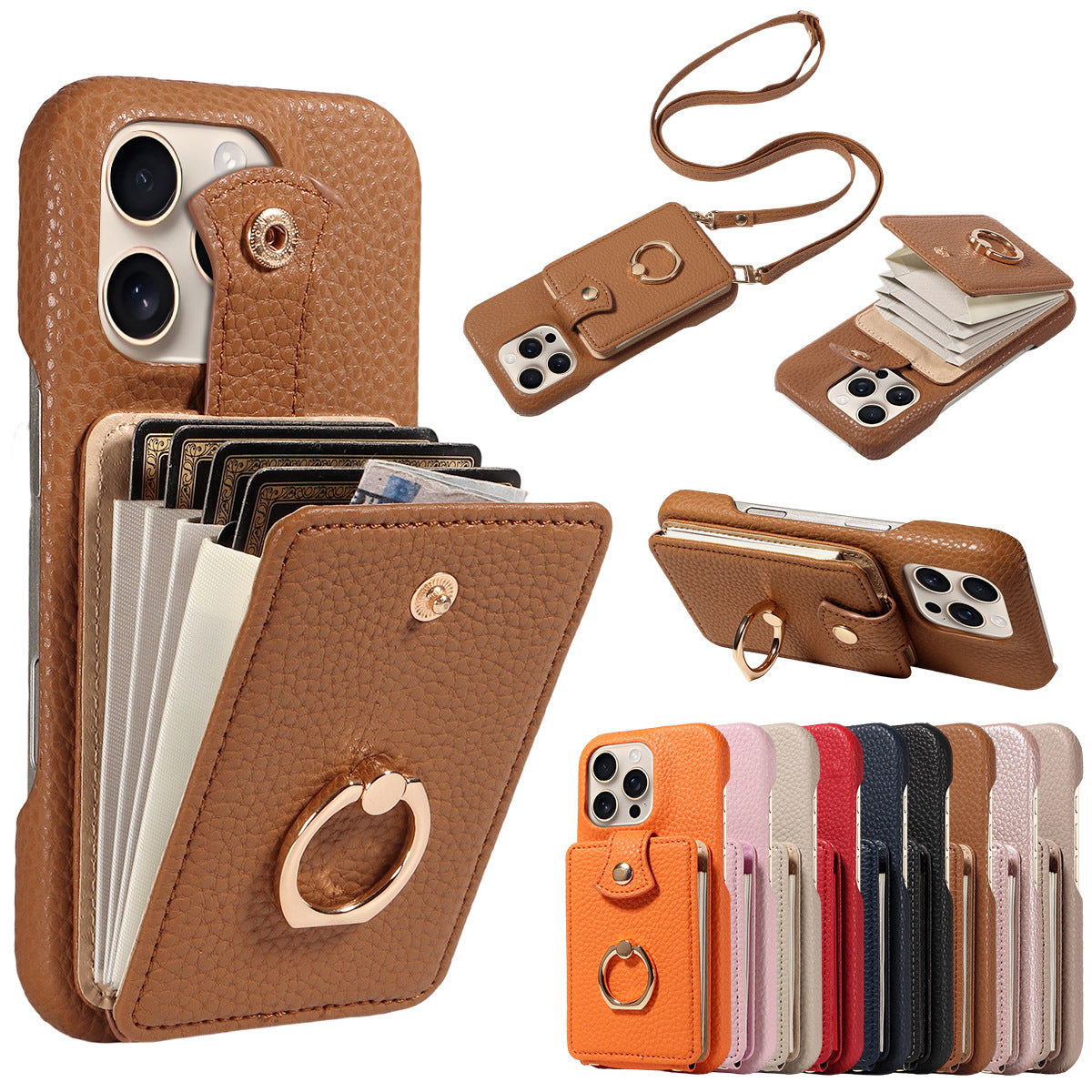 Multi Functional Phone Case for iPhone 17 Pro Max 16 15 14 13 12 11 Faux Leather Accordion Flip Cover with Ring Holder Crossbody Strap Long Lanyard Multi Card Slots Anti Drop