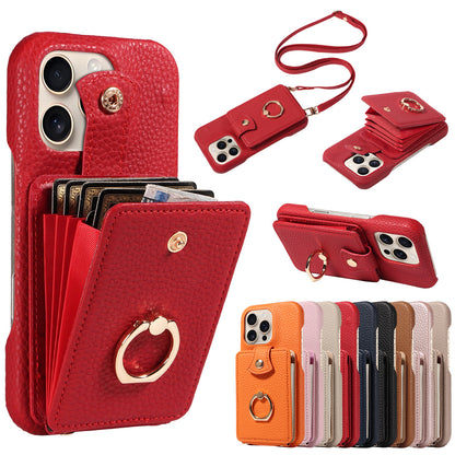Multi Functional Phone Case for iPhone 17 Pro Max 16 15 14 13 12 11 Faux Leather Accordion Flip Cover with Ring Holder Crossbody Strap Long Lanyard Multi Card Slots Anti Drop
