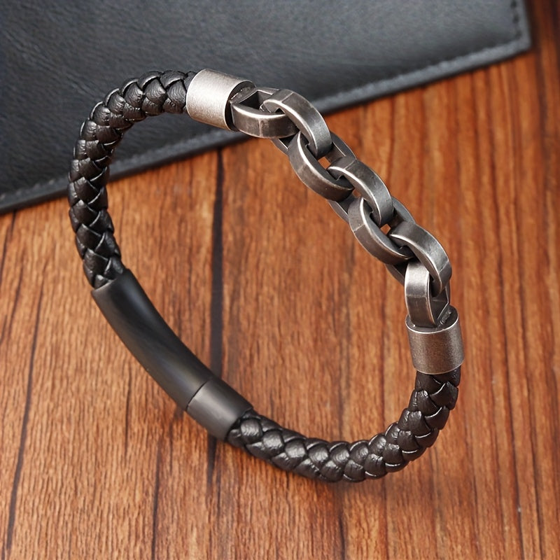 Men's Handmade 316L Stainless Steel Bracelet with Black Leather Chain and Magnetic Clasp, Vintage Jewelry