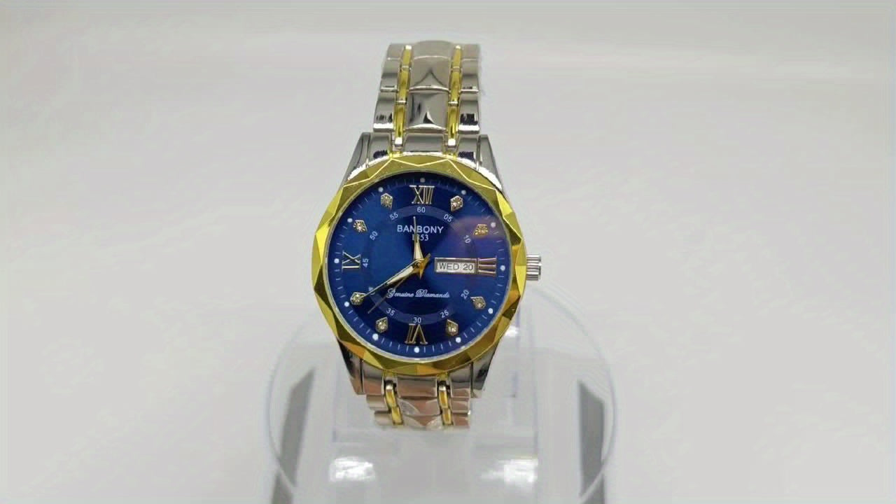 1 New Stainless Steel Men'S Quartz Watch with Roman Numerals, Rhinestone Dial, Date Calendar, Trendy Minimalist Luxury Brand, Luminous Sports Casual Business Multi-Functional Watch - Ideal Birthday Gift and Holiday Present, Elegant Watch For Men, Watch Fo