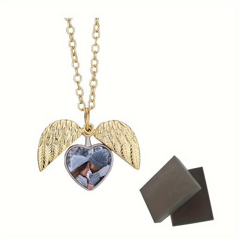Personalized Angel Wings Necklace Heart Box Pendant Custom Picture Open Box Angel Wing Pendant