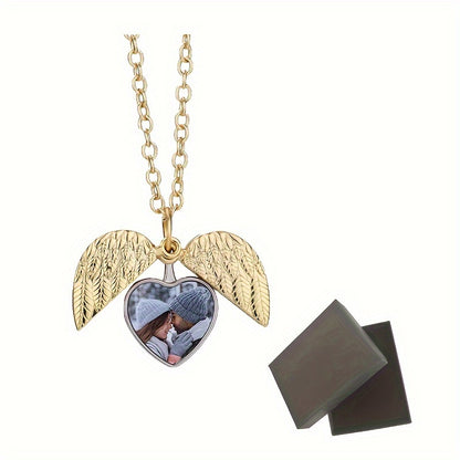 Personalized Angel Wings Necklace Heart Box Pendant Custom Picture Open Box Angel Wing Pendant