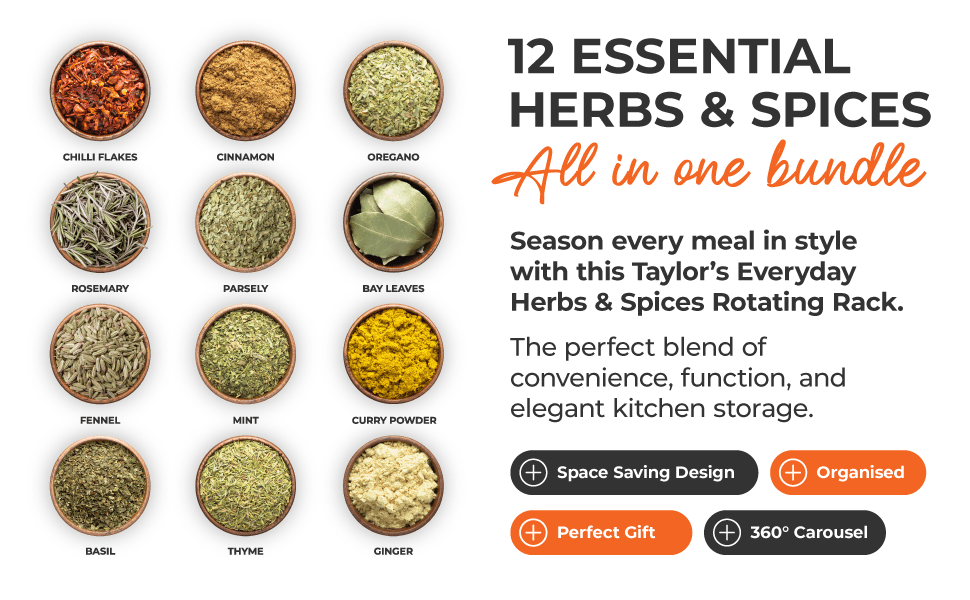 FabFinds Everyday 12 Herbs & Spices Rotating Rack Pre Filled Spice Jars Carousel Stand Complete Kitchen Seasoning Gift Set Stylish Countertop Storage for Everyday Cooking