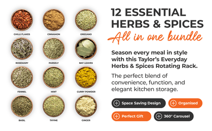 FabFinds Everyday 12 Herbs & Spices Rotating Rack Pre Filled Spice Jars Carousel Stand Complete Kitchen Seasoning Gift Set Stylish Countertop Storage for Everyday Cooking