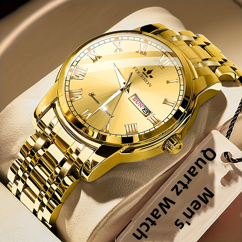 1pc FOURRON Brand New Trendy Fashion Men'S Quartz Watch Stainless Steel Strap with Day Date, Roman Numeral Disc Multi-Function Luminous Luxury Men'S Wristwatches, Friends And Relatives Birthday Gifts, Holiday Party Gifts Preferred Choice