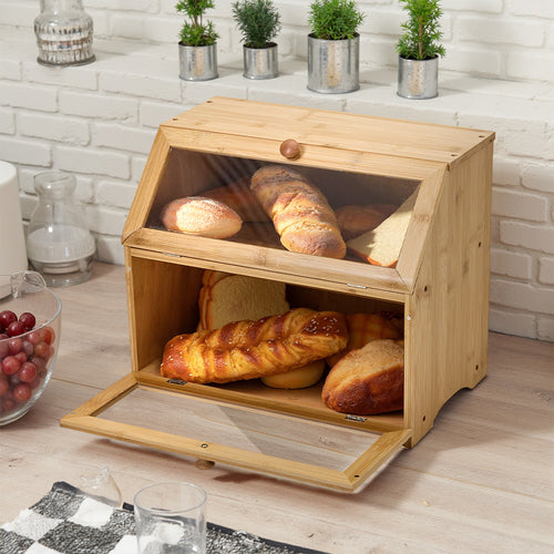 Bamboo Bread Bin with Transparent Window, 2-Layer, Bread Box Large Capacity Bread Storage for Kitchen, Kitchen Countertop Bread Box for Bread, Sushi, Pastries, Biscuits, Breakfast, Natural/ Black, 15.55*9.84*12.60 Inch