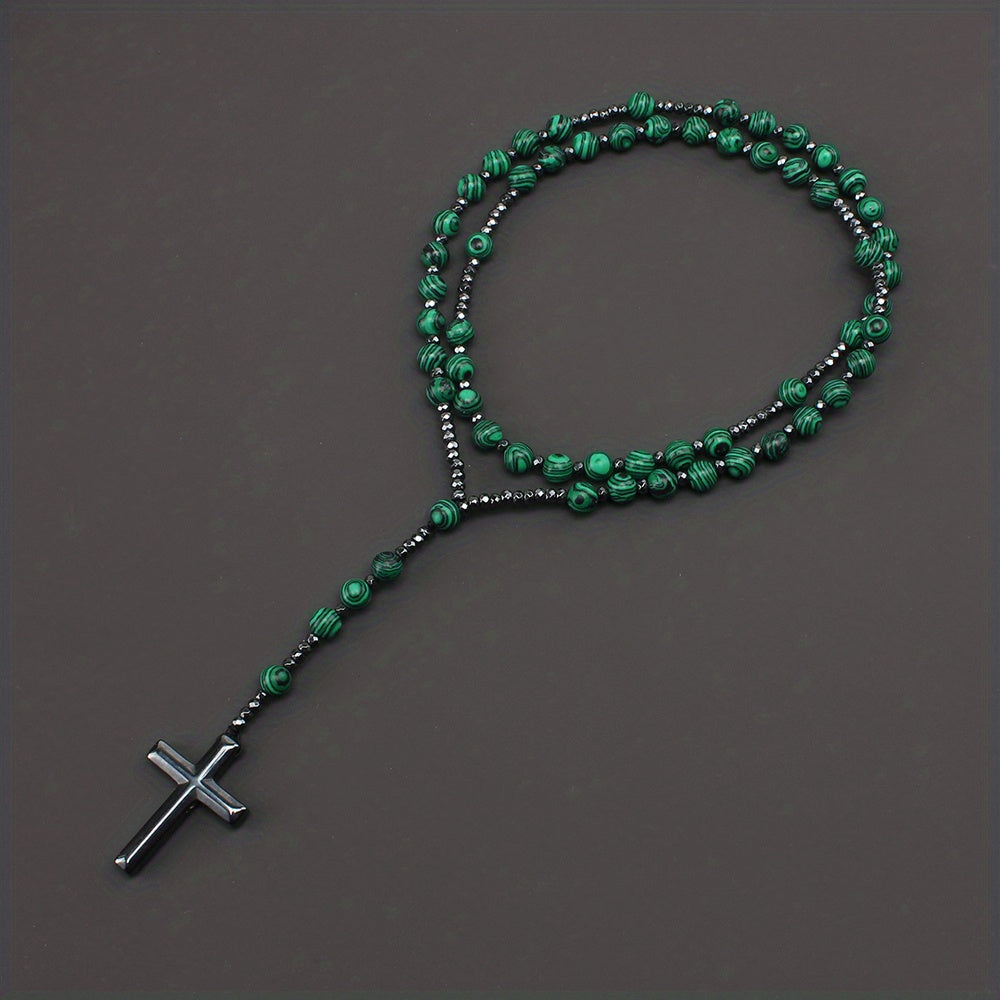 1pc Fashion Vintage Style Jewelry Round Bead Malachite Black Howlite Cross Religious Prayer Beads Men's Long Necklace for Daily Wear
