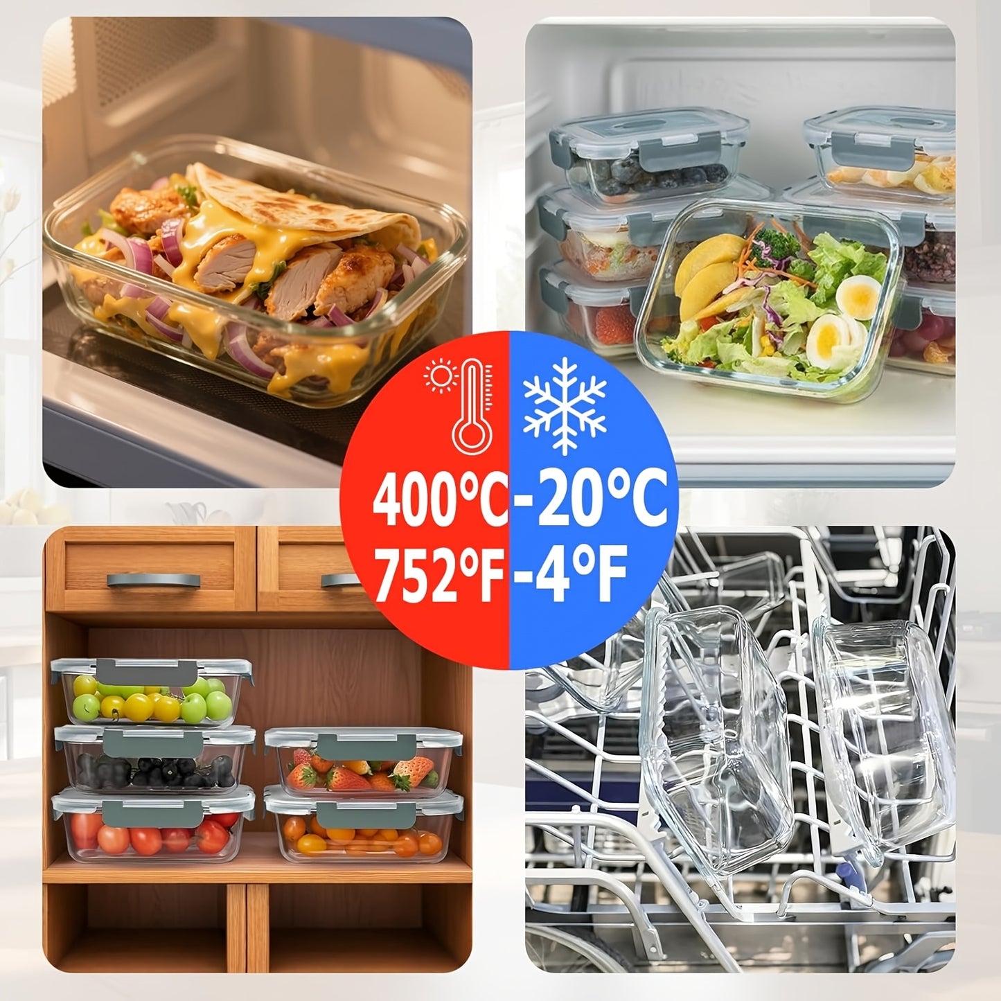 8pcs Glass Storage Container Set with Lids, Stackable, Leak-Proof Snap-Lock Seal, a Great Helper for Kitchen Storage, Suitable for Ovens, Microwaves, Refrigerators, And Dishwashers