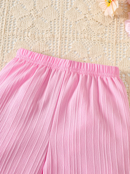 2pcs Set. Girls' Tank Top and Wide-leg Pants Set, Featuring Stylish Lace Trim and Ruffle Details. Simple and Fashionable Design. Ideal for Girls' Daily Casual Wear in Spring and Summer. Suitable for Girls Aged 1-8 for Daily Leisure and Sports