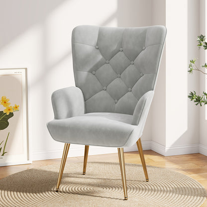 Velvet Wingback Accent Chair | Mid-Century High Back with Metal Legs | Button Tufted | High Density Foam | Reading Chair for Bedroom Living Room Office Makeup Area