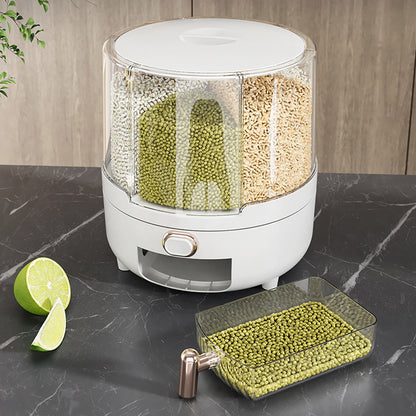 Grain Dispenser 360° Rotating Dispenser 6-Grid Rice Dispenser Food Dispenser Bucket Transparent Kitchen Organization For Countertops, White