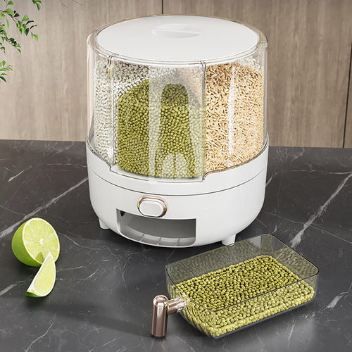 Grain Dispenser 360° Rotating Dispenser 6-Grid Rice Dispenser Food Dispenser Bucket Transparent Kitchen Organization For Countertops, White