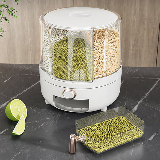 Grain Dispenser 360° Rotating Dispenser 6-Grid Rice Dispenser Food Dispenser Bucket Transparent Kitchen Organization For Countertops, White