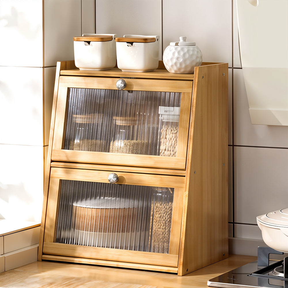 1pc 2-Tier/3-Tier Kitchen Spice Rack, Countertop Storage Shelf, Multi-Functional Organizer with Transparent Door, High Quality Bamboo Material, Natural/Brown