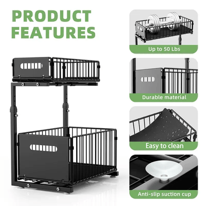 2- Tier Slide- Out Storage Basket, Adjustable Pull- Out Under- Sink Rack, No Punching Bathroom Cabinet Organizer, Foldable Spice Rack for Home, Kitchen, Cleaning Supplies, Storage Accessories