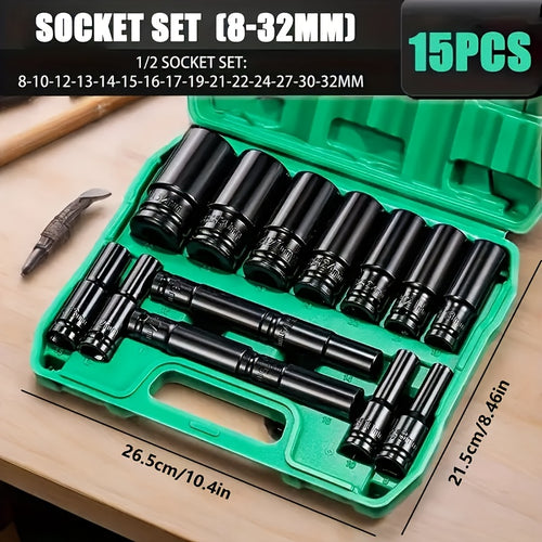 15pcs 1/2'' Impact Socket Set, Hex Long Socket Set, 8mm - 32mm Impact Driver Socket Sets, Deep Socket Set with Plastic Storage Box, for Home Car Repair, CR-V