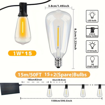 50F/30.48meter(15.24meter*2) LED Outdoor Courtyard Lights - with Remote Control, And Edison Bulb, Solar Powered, Automatic On/off, Energy-saving And Worry-free, Can Be Connected for Garden Porch Backyard Balcony Cafe Lighting