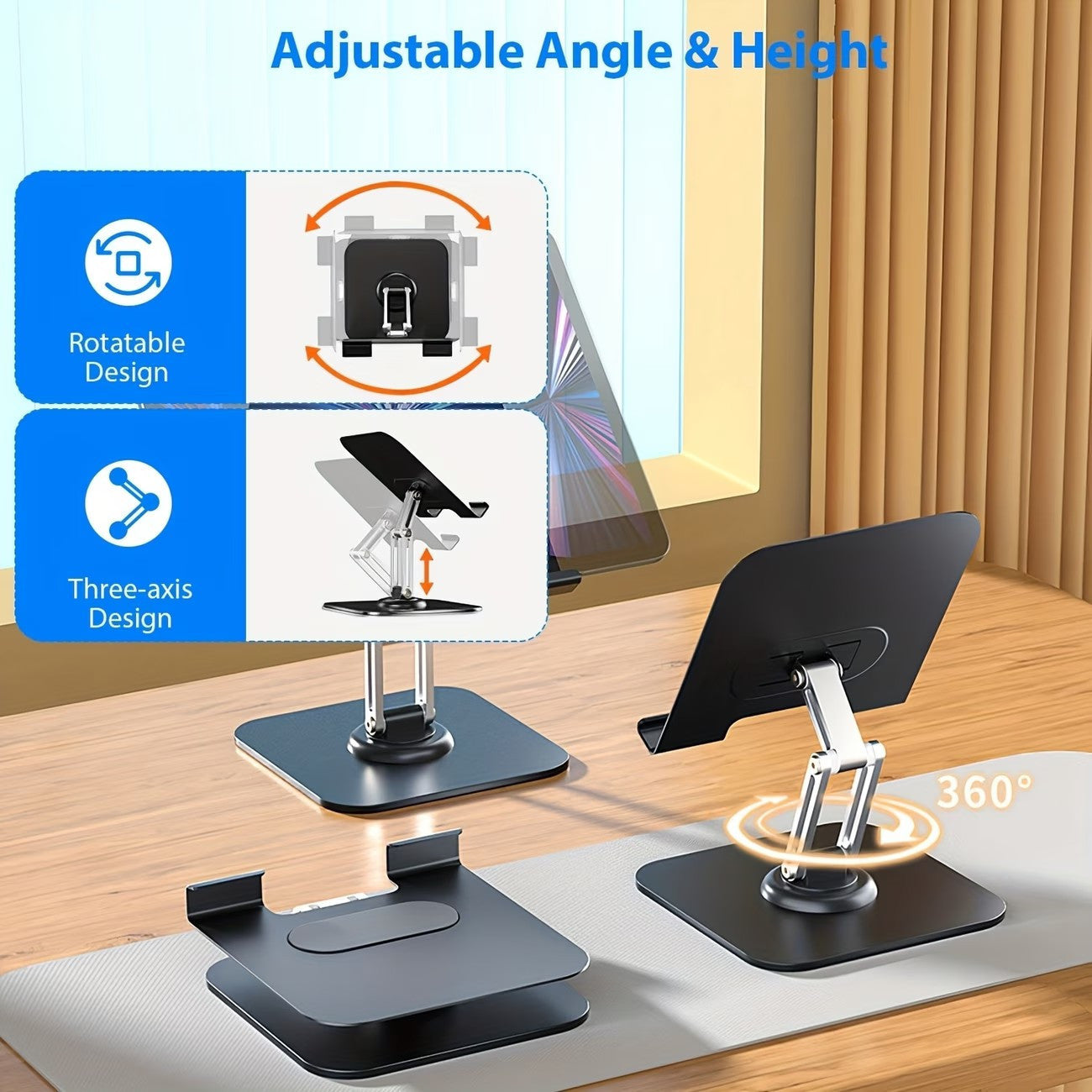 2PCS Set (1x Heavy-Duty Adjustable Tablet Stand & 1x Allen Key) - 360° Rotating Base, Foldable Design, All-Metal Construction, Ergonomic Desk Holder for iPad, Tablet, Phone & Laptop, Sturdy & Stable, Ideal for Office & Home Use