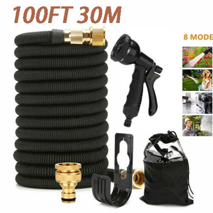 100FT Heavy Duty Flexible Expandable Garden Water Hose Pipe & Rugged Spray Gun Black