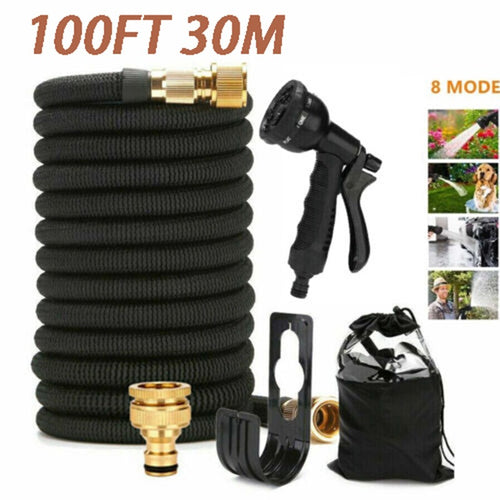 100FT Heavy Duty Flexible Expandable Garden Water Hose Pipe & Rugged Spray Gun Black