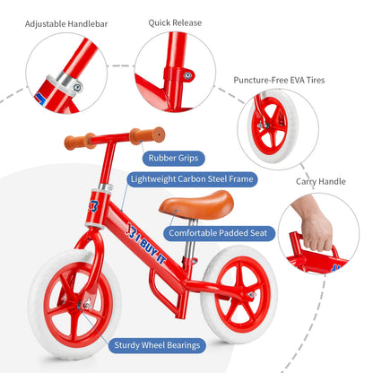 30.48cm Balance Bike for Kids, Kids Training No Pedal Bicycle with Adjustable Handlebar Seat, Lightweight Toddler Balance Bike