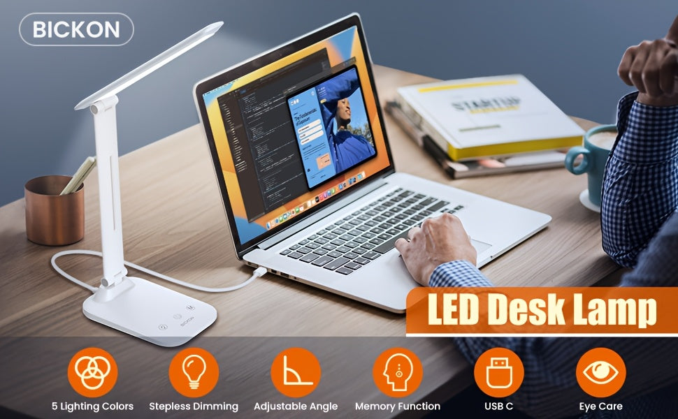 LED Desk Lamp, 5 Color Temperature Modes, Flicker-free, Eye Protection. Touch Switch with Timer Function, USB Powered. Suitable for Home, Office, Reading, Studying, and Working