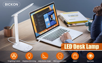 LED Desk Lamp, 5 Color Temperature Modes, Flicker-free, Eye Protection. Touch Switch with Timer Function, USB Powered. Suitable for Home, Office, Reading, Studying, and Working