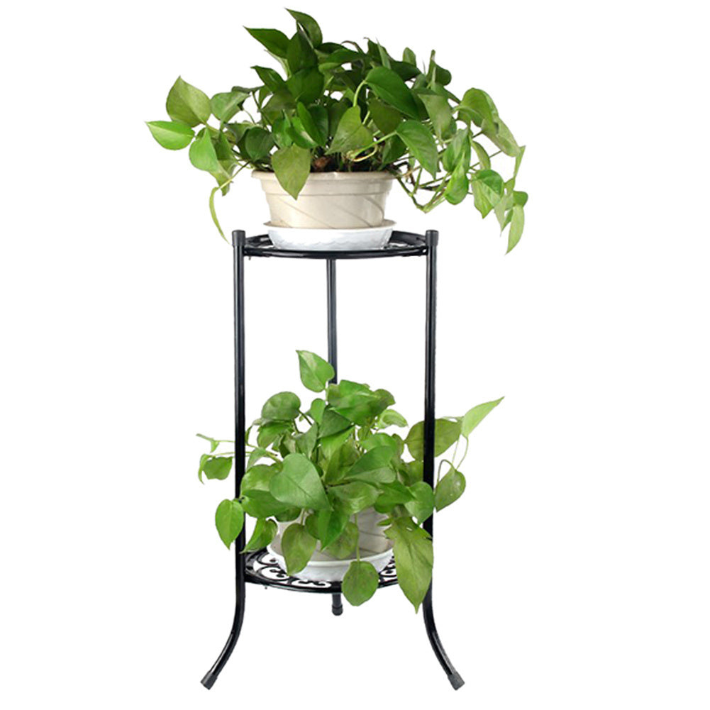 1PC Black Balcony Flowerpot Rack, 2-story Metal Plant Display Rack, Circular Storage Rack for Office and Living Room, Size 23*23*56cm