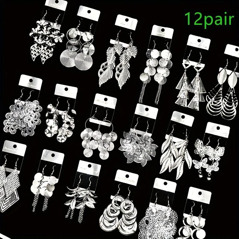 [Women's Jewelry Set] 6/12 Pairs/Bag Women's Jewelry Set - Retro Fashion Elegant Hollow Out Multi-Layer Pendant Earrings - Butterfly Leaf Geometric Shape Exaggerated Bold Design - Suitable for Parties And Casual Parties Gifts - Mixed Layered Hanging Women