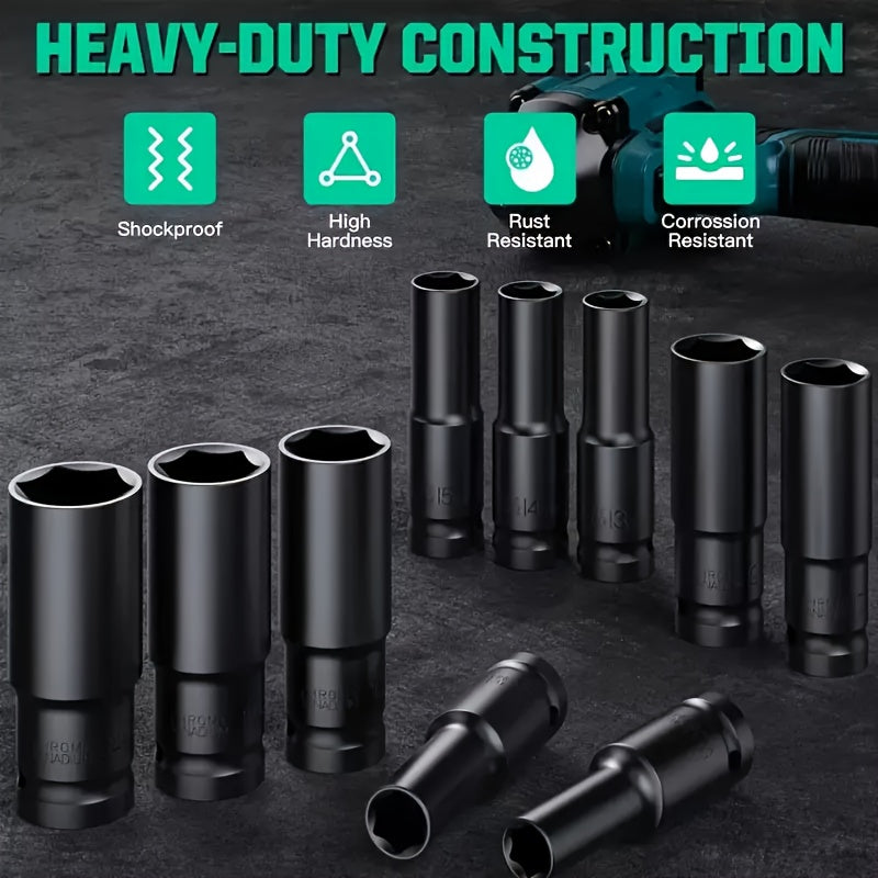 15pcs 1/2'' Impact Socket Set, Hex Long Socket Set, 8mm - 32mm Impact Driver Socket Sets, Deep Socket Set with Plastic Storage Box, for Home Car Repair, CR-V