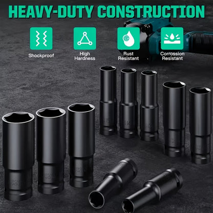 15pcs 1/2'' Impact Socket Set, Hex Long Socket Set, 8mm - 32mm Impact Driver Socket Sets, Deep Socket Set with Plastic Storage Box, for Home Car Repair, CR-V
