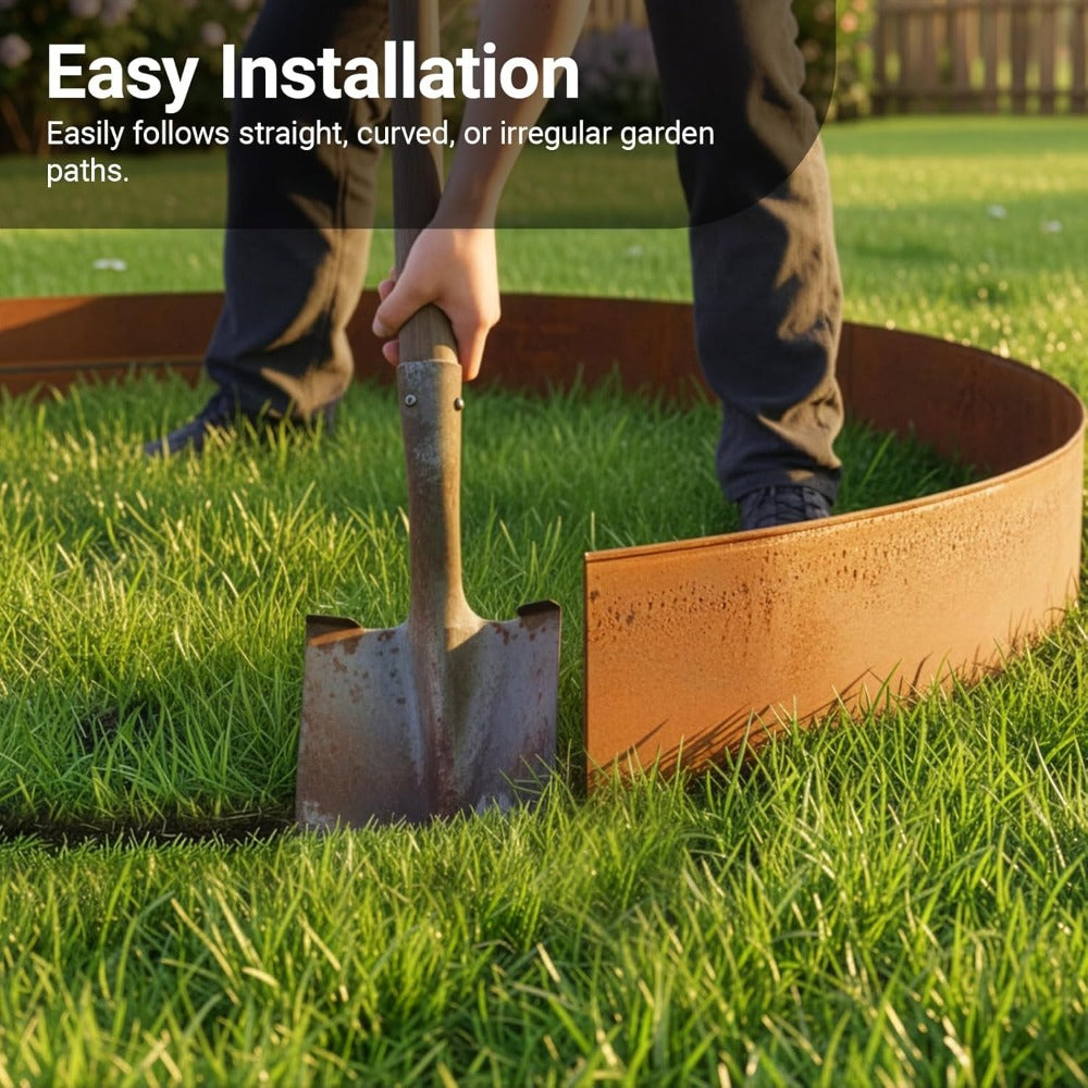 Corten Steel Lawn Edging 15cm x 5m – Pre-Aged Rust Finish, 0.3mm Thick Metal Garden Border for Lawns, Flower Beds & Gravel Paths | Gloves Included