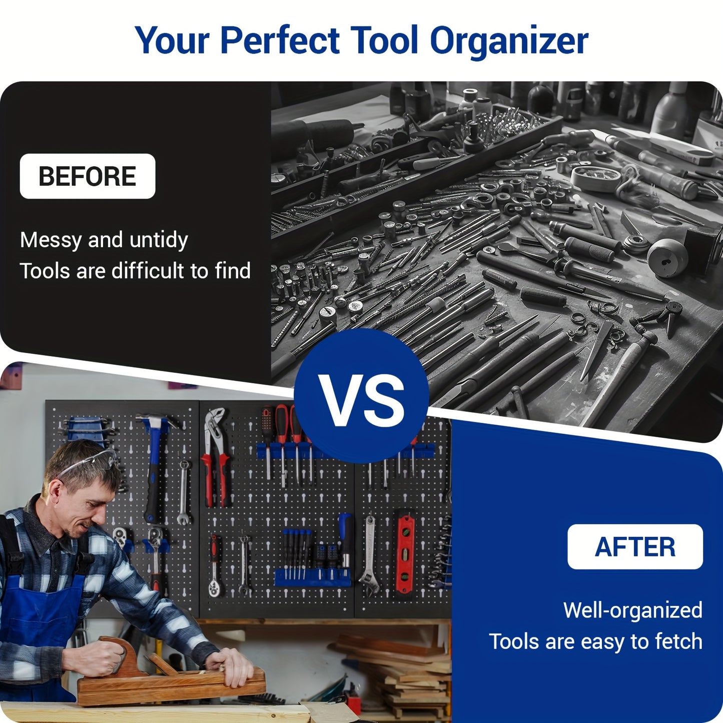 Metal Tool Rack, Three-piece Hole Rack, Expandable Workshop Rack, with 17 Hooks and Brackets, Workshop Tool Rack, 117 x 55 x 2cm, Blue