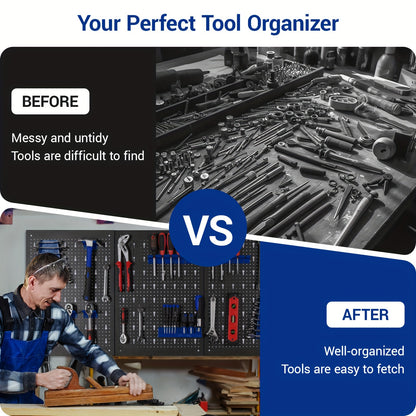 Metal Tool Rack, Three-piece Hole Rack, Expandable Workshop Rack, with 17 Hooks and Brackets, Workshop Tool Rack, 117 x 55 x 2cm, Blue
