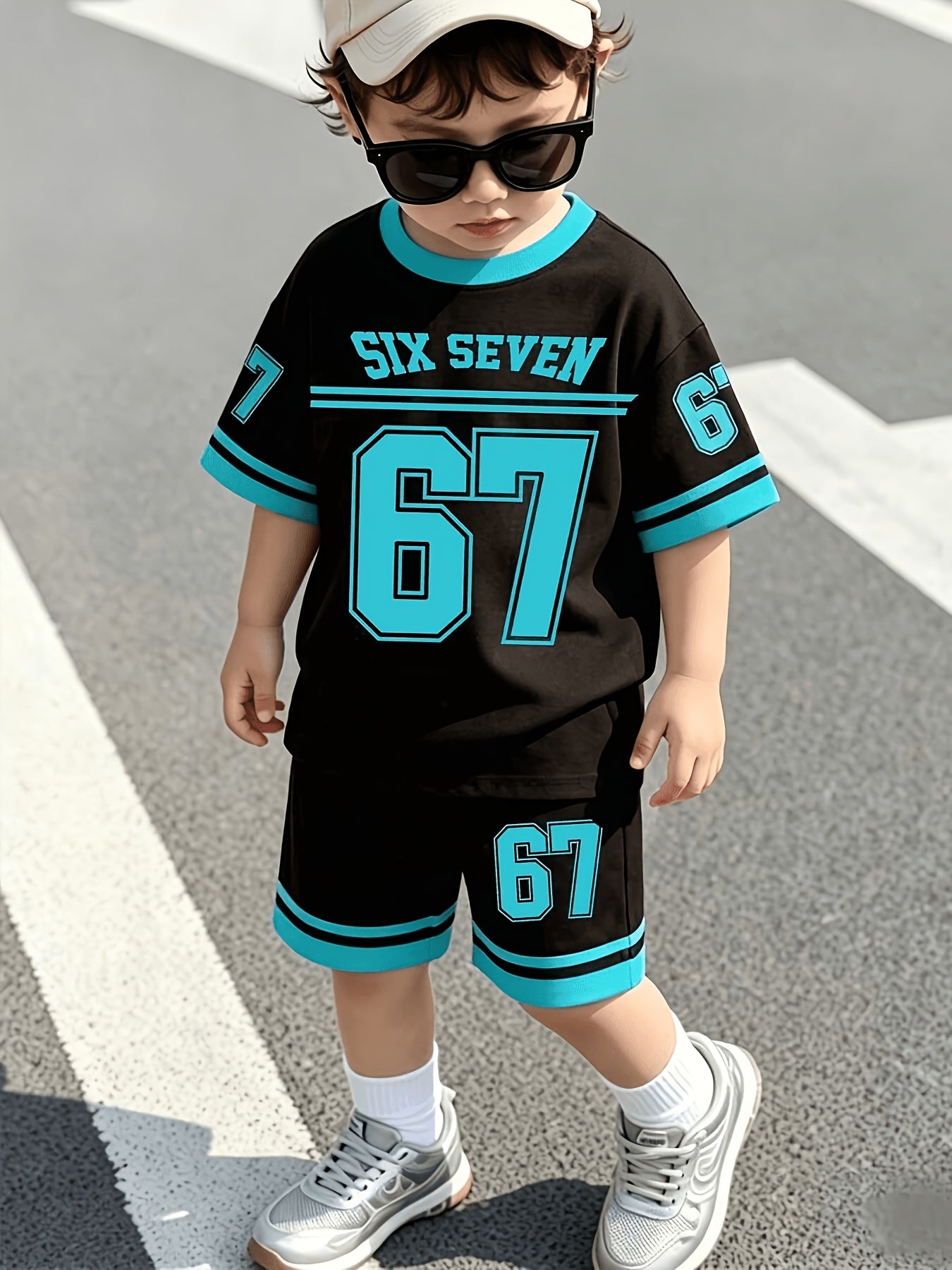 2pcs/Set Boys' Casual Stylish Creative Graphic Number 67 Cartoon Print Short Sleeve T-Shirt And Shorts Set, Comfortable Daily Wear for Spring, Summer & Autumn, for Outdoor