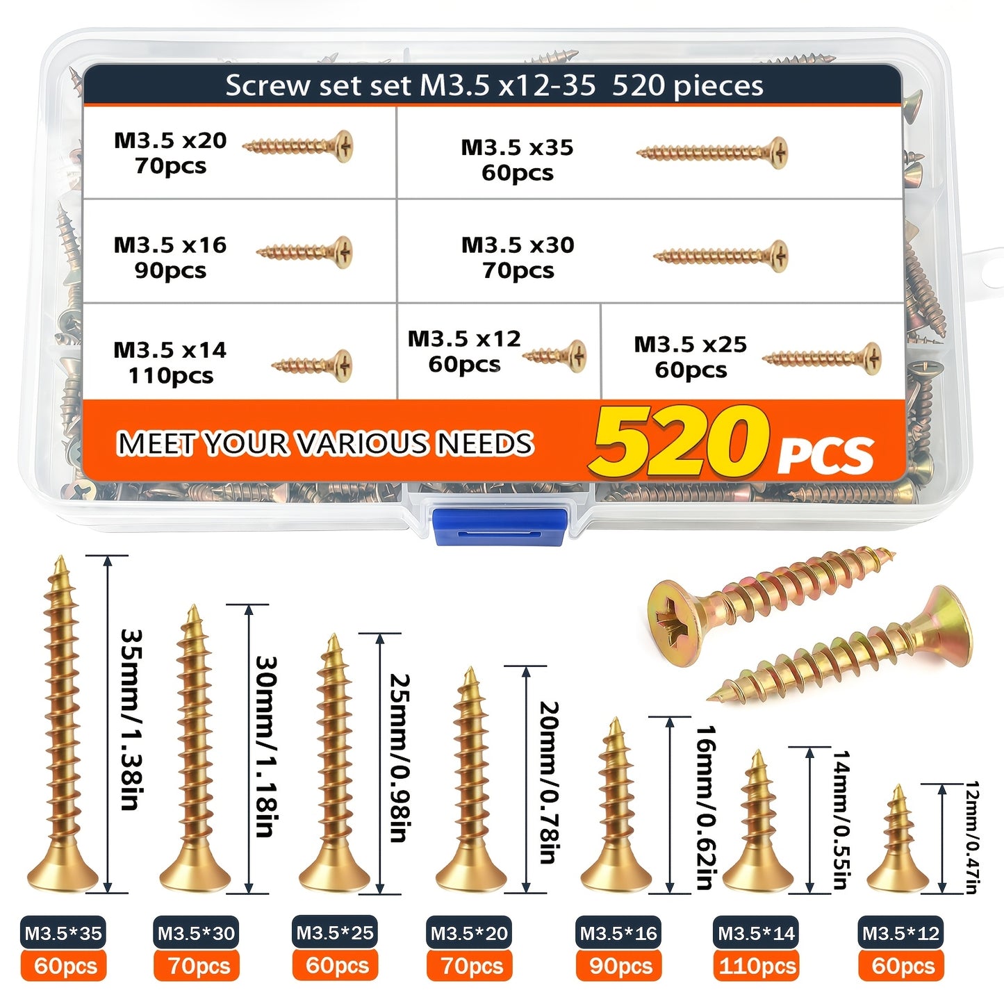 520pcs Countersunk Self-tapping Screw Set, M3.5/12/14/16/20/25/30/35mm Multi-size Specifications, Colorful Cross-head Design - Includes Screwdriver Bit, Multi-functional And Durable, Suitable for Industrial, Home, And Furniture Applications