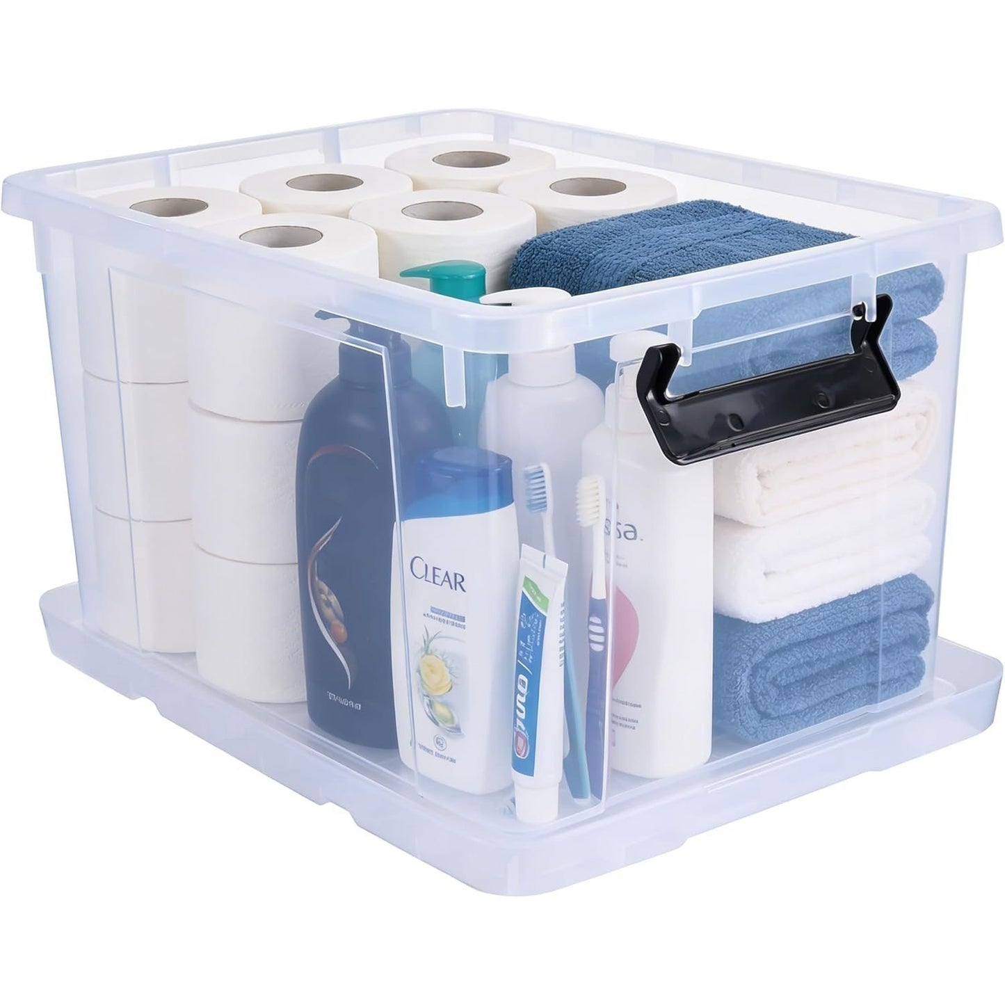 3‑Pack Clear 43L Storage Boxes with Lids & Wheels – Stackable Plastic Containers with Secure Clips and Integrated Handles for Home, Bedroom, Office & Kitchen Organisation