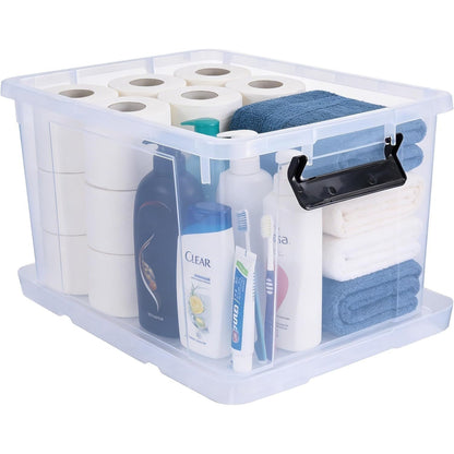 3‑Pack Clear 43L Storage Boxes with Lids & Wheels – Stackable Plastic Containers with Secure Clips and Integrated Handles for Home, Bedroom, Office & Kitchen Organisation