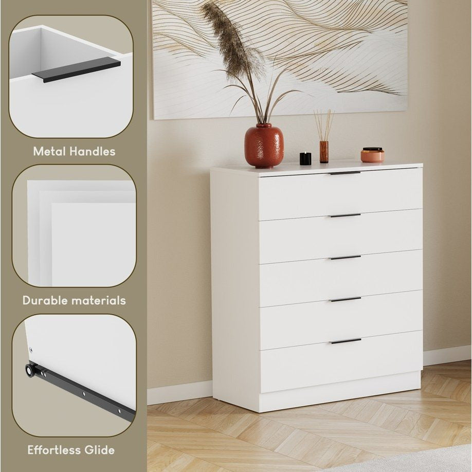 Vida Designs Trega 5 Drawer Chest Of Drawers Space-Saving Storage Smooth Glide Drawers Bedroom Furniture